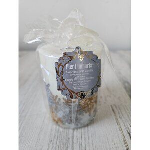 Pier 1 flameless LED candle silver‎ snow scented timer new Xmas decor snowflakes
